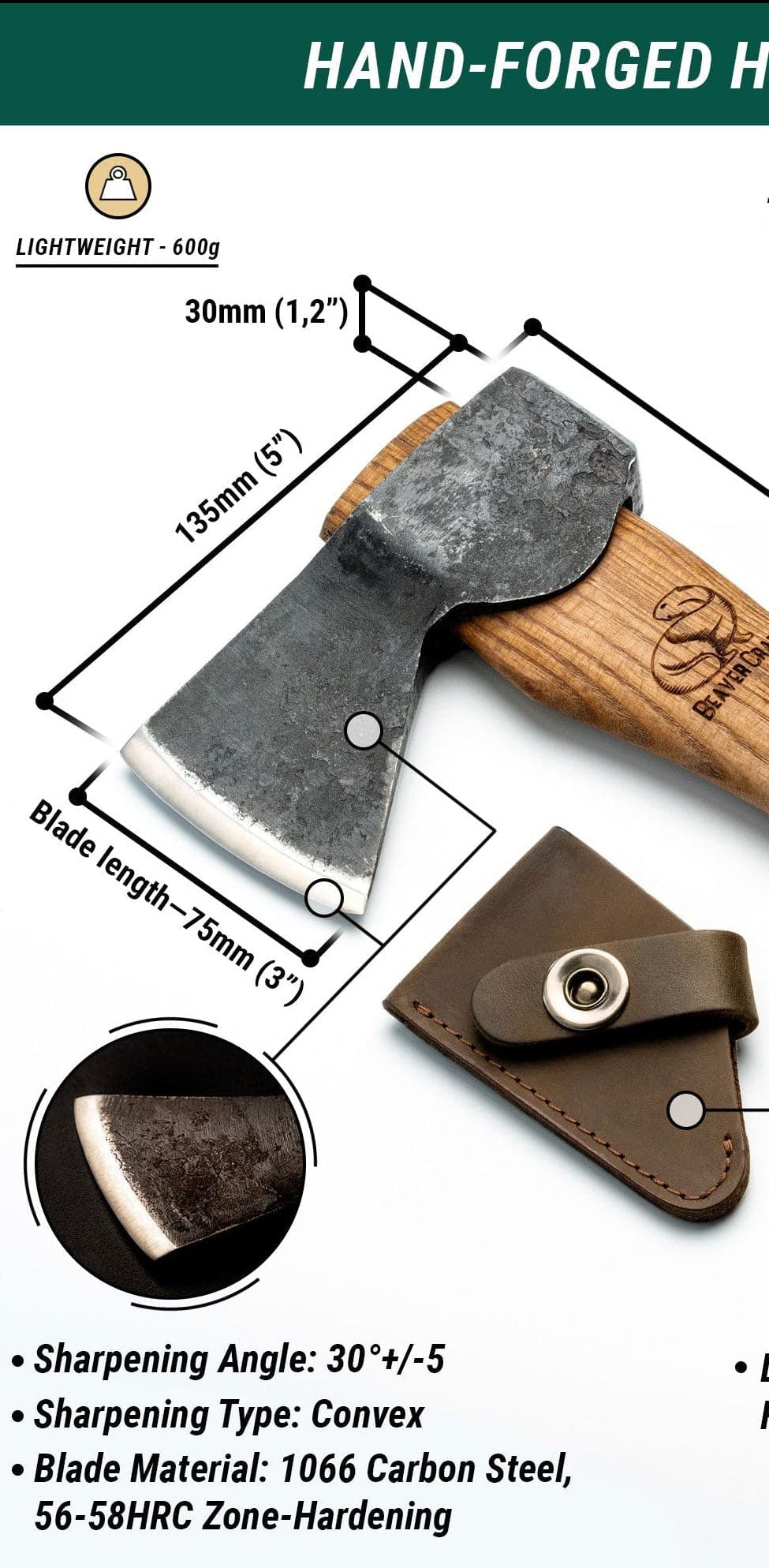 Øks med eggbeskytter AX1 Bushcraft Hatchet
