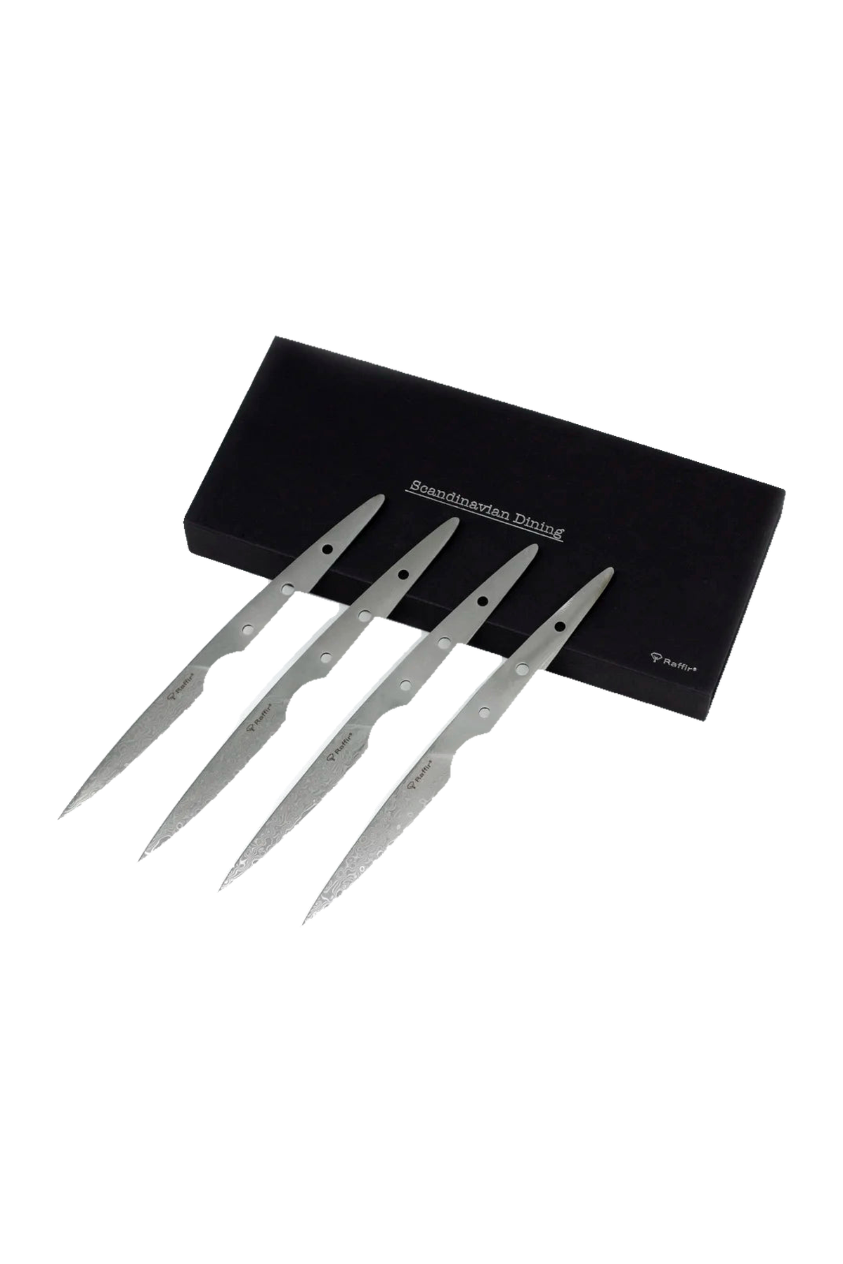 Fire Raffir biffknivblader i VG10 67-lags damask med gaveeske på transparent bakgrunn